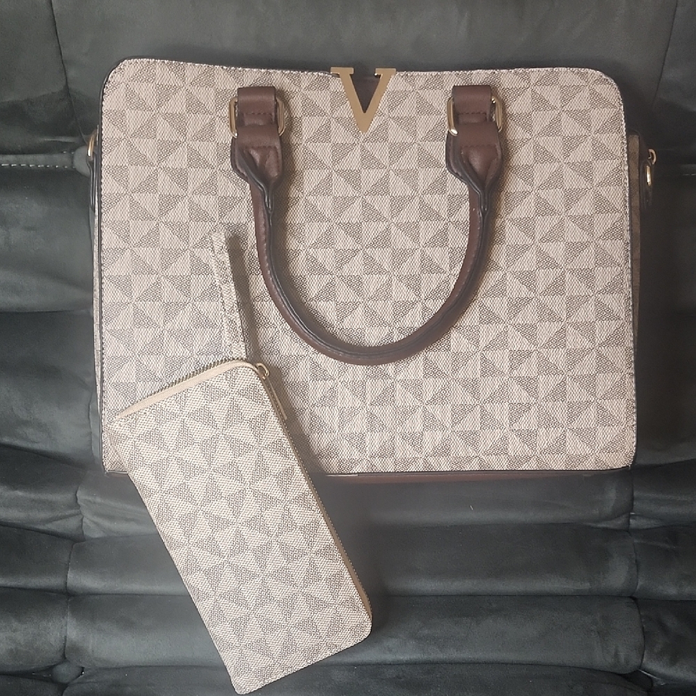 Elegant Brown and Cream Women's Laptop Bag With Wallet Set - Picture 1 of 1